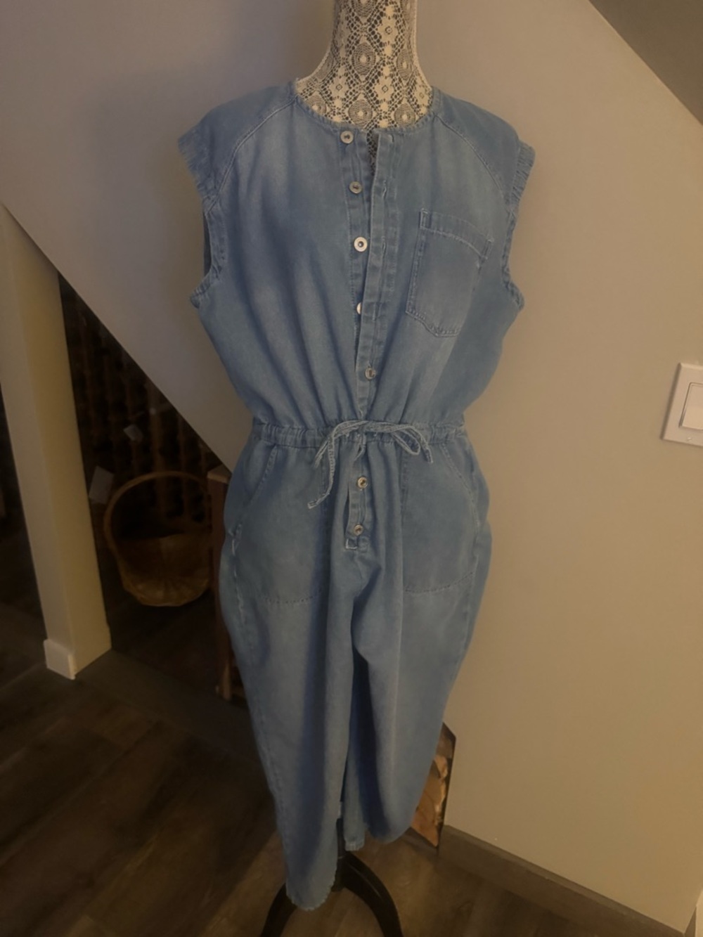 Jordache Light Blue Denim Top with Cream Lace Overlay